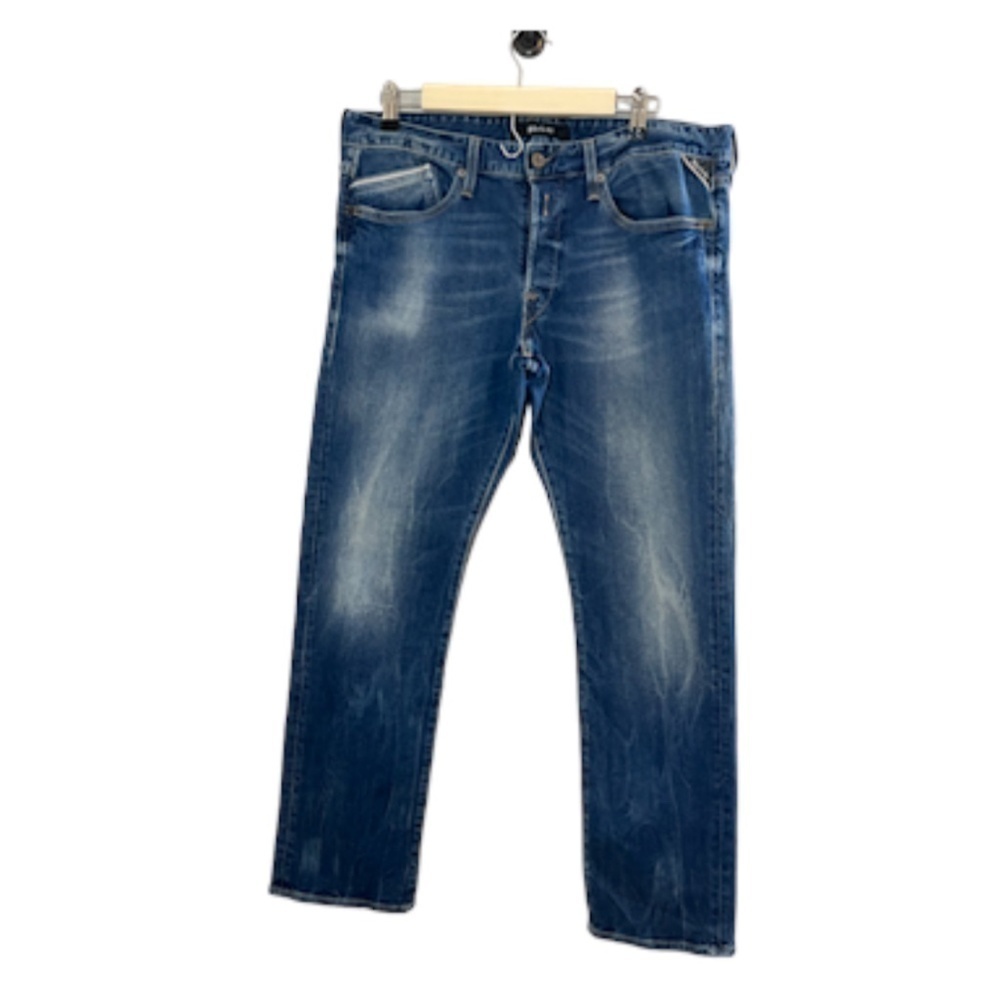 Replay Men Jeans Size 36 Blue Med Wash Faded Straight Wide Leg Waitom Luxe